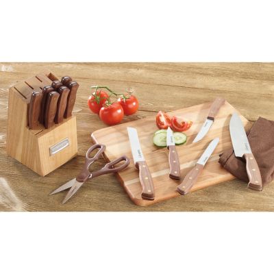 Image showing  Advantage 14 Pc. Triple-Rivet Cutlery Set and Wood Storage Block - Walnut Handles