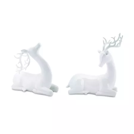 Melrose InternationalModern White Stone Posed Deer Figurine (Set of 2) Christmas Kitchen & Tabletop Decor