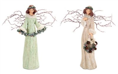 Melrose International Holiday Angel Figurine with Branch Wings (Set of 2)