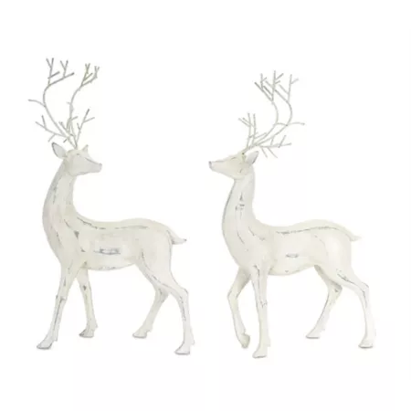 Melrose InternationalAntique Ivory Deer Figurine with Metal Antlers (Set of 2) Christmas Kitchen & Tabletop Decor