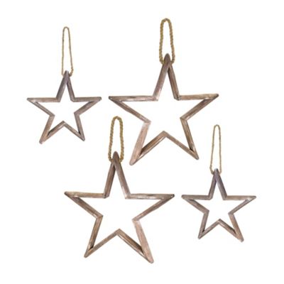 Melrose International Natural Wooden Star Ornament with Jute Hanger (Set of 2)