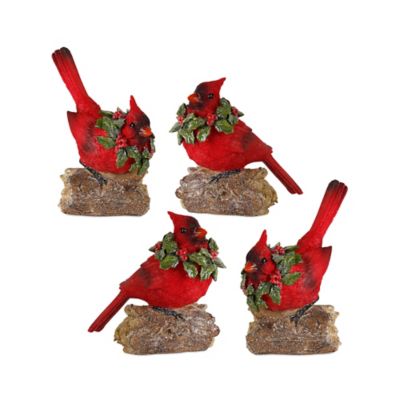 Melrose International Perched Cardinal Bird on Log with Holly Wreath Accent (Set of 2) -  80576