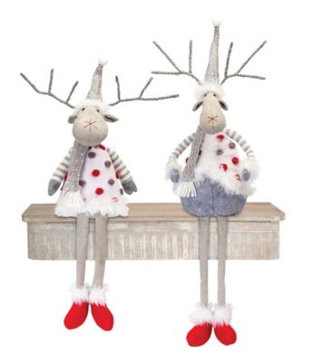 Melrose InternationalPlush Holiday Deer Shelf Sitter with Hat and Scarf Accent (Set of 2)