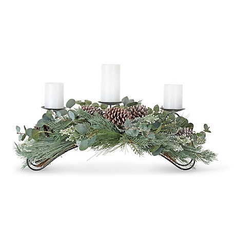 Melrose International Frosted Pine and Eucalyptus Holiday Centerpiece Candle Holder 31 in. L