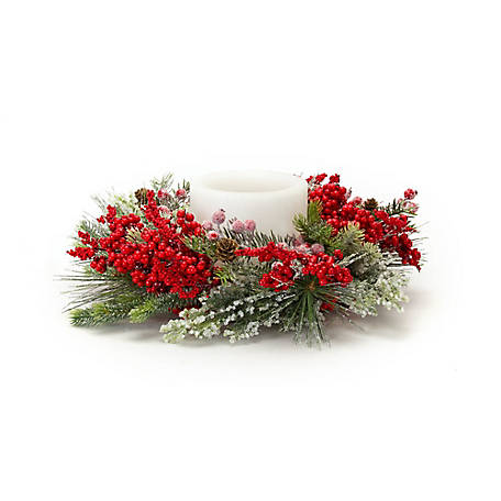 Melrose InternationalFrosted Pine and Mixed Berry Candle Ring Wreath 17 in. D