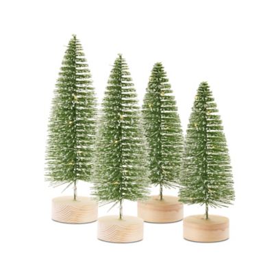 Melrose International LED Lighted Green Bottle Brush Tree with Wood Base and Gold Accent (Set of 4)