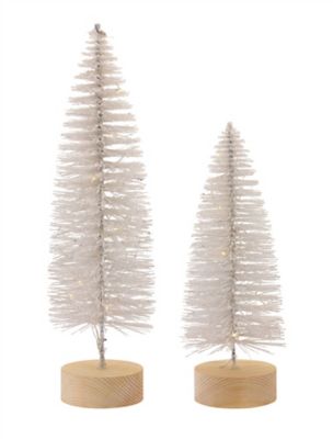 Melrose InternationalLED Lighted White Bottle Brush Tree with Wood Base and Gold Accent (Set of 4)