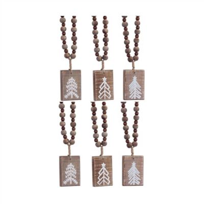 Melrose International Rustic Wood Tree Tag Ornament with Beaded Hanger (Set of 6)