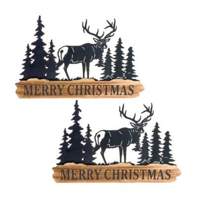 Melrose InternationalWood Merry Christmas Sign with Cut Metal Forest Accent (Set of 2)