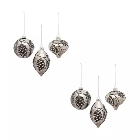 Melrose InternationalSilver Pinecone Glass Ornament with Snowy Accent (Set of 6) Christmas Ornaments & Tree Toppers