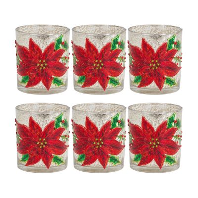 Melrose InternationalCrackle Glass Tea Light Candle Holder with Beaded Poinsetta Design (Set of 6)