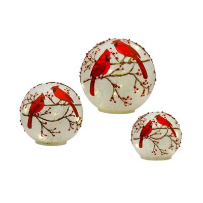 Melrose International LED Frosted Cardinal Orb Christmas Ornament with Berry Branch Design, 3-Pack