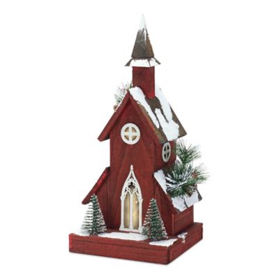 Melrose International Lighted Winter Church Display with Pine Accents and Snowy Finish, 19 in. H