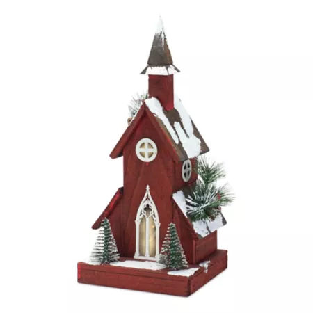 Melrose International Lighted Winter Church Display with Pine Accents and Snowy Finish 19" H Christmas Kitchen & Tabletop Decor