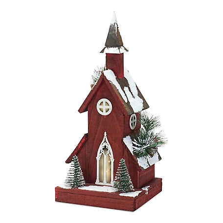 Melrose InternationalLighted Winter Church Display with Pine Accents and Snowy Finish 19 in. H