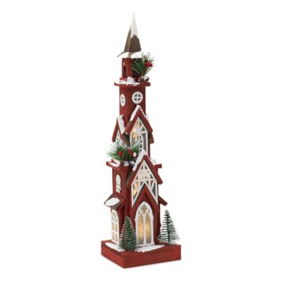 Melrose International Lighted Winter Church Display with Pine Accents and Snowy Finish, 19 in. H