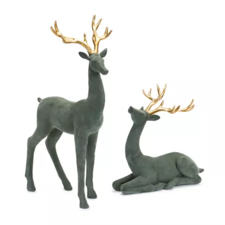 Melrose InternationalGreen Flocked Deer Figurine with Gold Antlers (Set of 2) Christmas Kitchen & Tabletop Decor