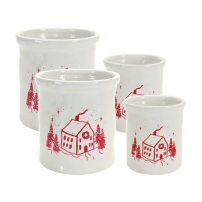 Melrose InternationalCeramic Crock with Snowy House Scene (Set of 4)