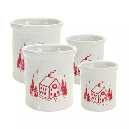 Melrose InternationalCeramic Pot with Snowy House Scene (Set of 4) Christmas Kitchen & Tabletop Decor