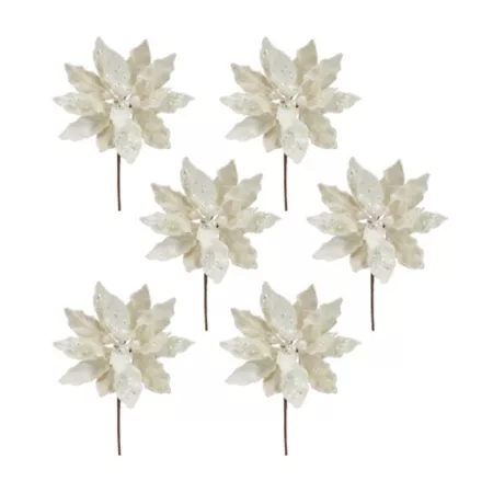 Melrose InternationalIvory Velvet Poinsetta Stem with Gold Bead Accents (Set of 6) Artificial Christmas Plants