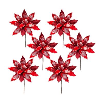 Melrose InternationalRed Velvet Poinsetta Stem with Gold Bead Accents (Set of 6)