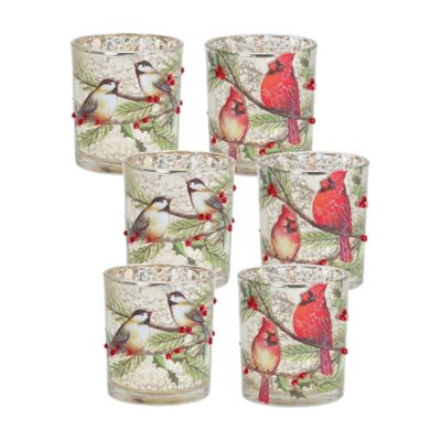 Melrose International Mercury Glass Votive Candle Holder with Bird and Berry Branch (Set of 6), 83527