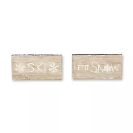 Melrose International Wooden Ski and Snow Sentiment Block with White Wash Design (Set of 2) Christmas Wall Decor