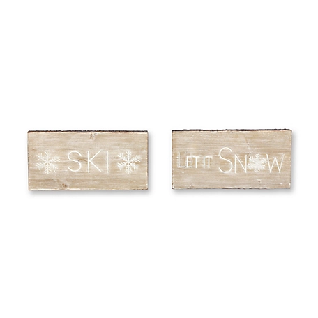 Melrose International Wood Ski and Snow Sentiment Block with White Washed Design (Set of 2)