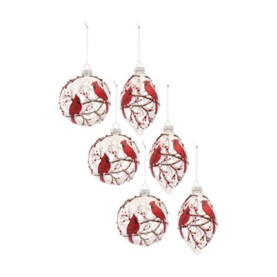 Melrose InternationalSnowy Cardinal Bird Ornament with Berry Branch Accent (Set of 6)
