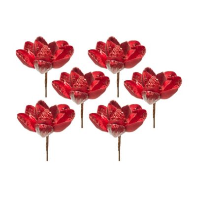 Melrose International Red Velvet Magnolia Stem with Bead Accents (Set of 6)