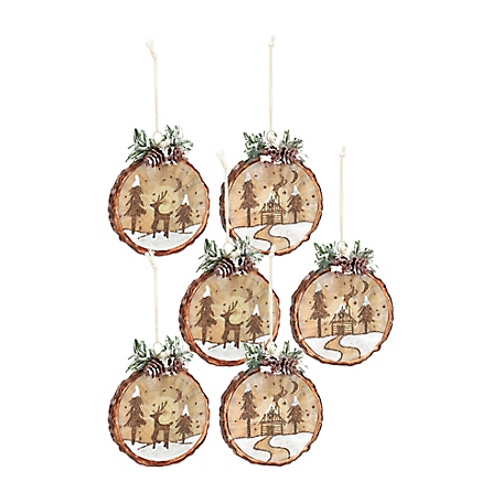 Melrose InternationalGlass Tree Disc Ornament with Etched Cabin and Woodland Design (Set of 6)
