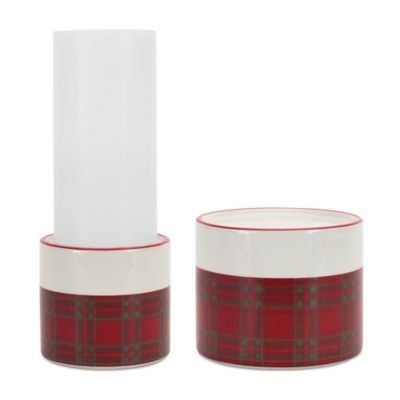 Melrose International Winter Plaid Ceramic Candle Holder (Set of 2), 83986