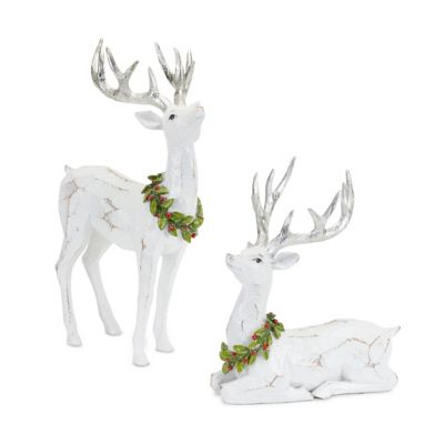 Melrose International White Deer Figurine with Silver Antler and Wreath Accent (Set of 2)