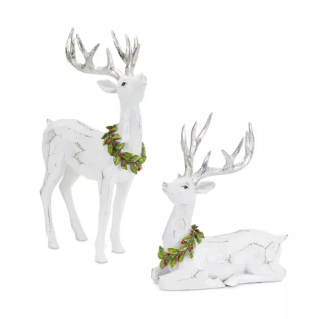 Melrose InternationalWhite Deer Figurine with Silver Antlers and Wreath Accent (Set of 2) Christmas Kitchen & Tabletop Decor