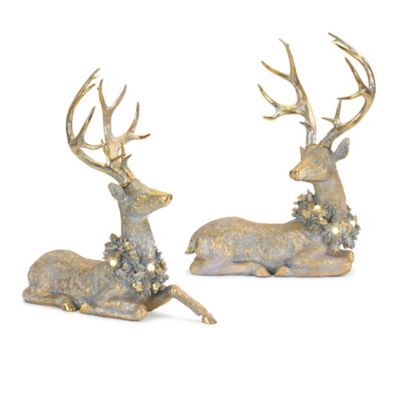Melrose International Holiday Deer Figurine with Lighted Wreath and Gold Finish (Set of 2)