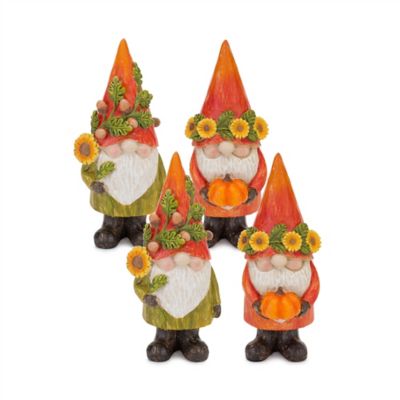 Melrose International Harvest Gnome Figurine with Pumpkin and Sunflower (Set of 4)