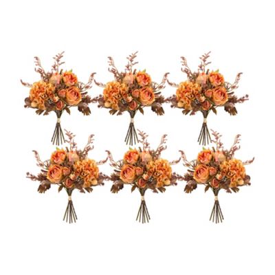 Melrose International Coral Rose and Hydrangea Floral Bouquet with Fall Foliage (Set of 6)