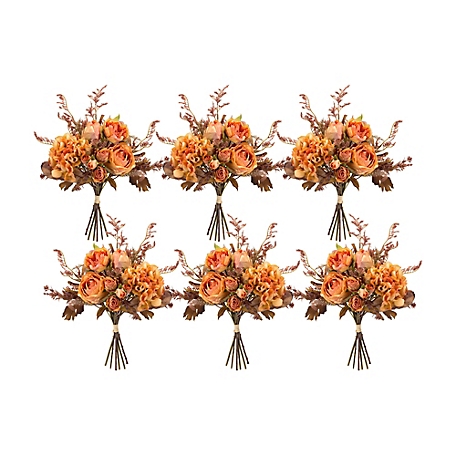 Melrose International Coral Rose and Hydrangea Floral Bouquet with Fall Foliage (Set of 6)