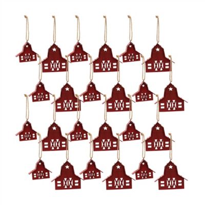 Melrose International Rustic Wooden Barn Ornament with Metal Accent and Jute Hanger (Set of 24)