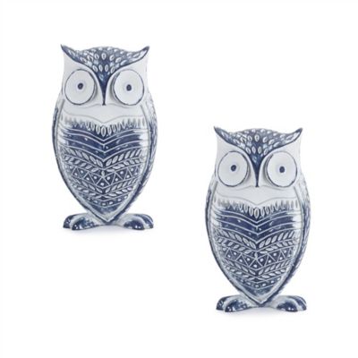 Melrose International White Washed Owl Decor with Blue Floral Design 6.5 in. H