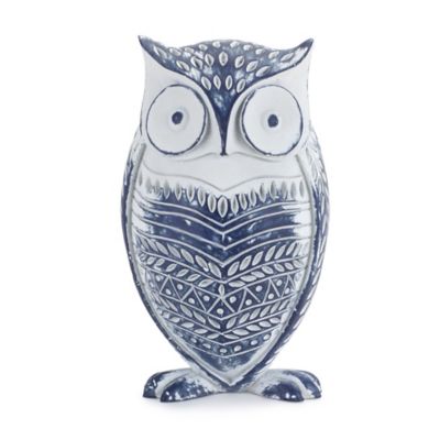 Image showing  White Washed Owl Decor with Blue Floral Design 6.5 in. H