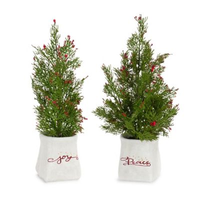 Melrose International Mini Pine Tree with Berries in Ceramic Pot (Set of 2)