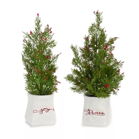 Melrose International Mini Pine Tree with Berries in Ceramic Pot (Set of 2) Artificial Christmas Plants