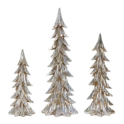 Melrose InternationalCarved Stone Pine Tree Decor with Silver Finish (Set of 3)