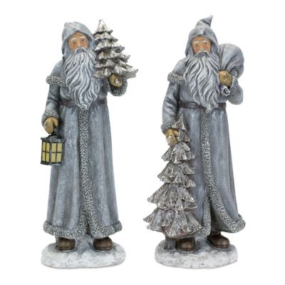 Melrose International Silver Stone Santa Figurine with Pine Tree and Lantern (Set of 2)