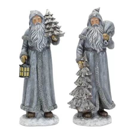 Melrose InternationalSilver Stone Santa Figurine with Pine and Lantern (Set of 2) Christmas Kitchen & Tabletop Decor