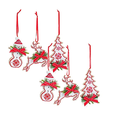Melrose International Nordic Snowflake Character Tree Ornament with Pine Bow Accent (Set of 6)