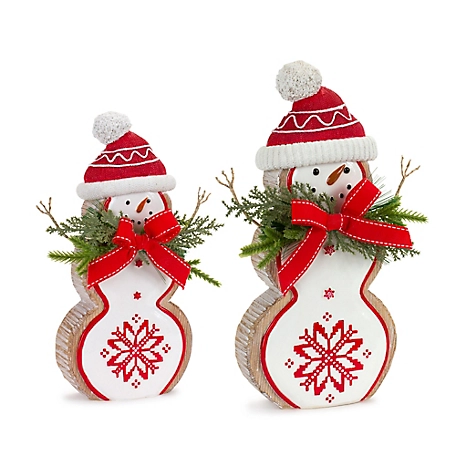 Melrose International Nordic Snowflake Snowman Figurine with Pine Bow Accent (Set of 2)