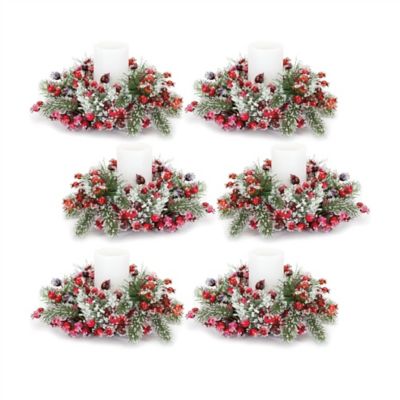 Melrose International Iced Winter Pine and Berry Candle Ring (Set of 6)