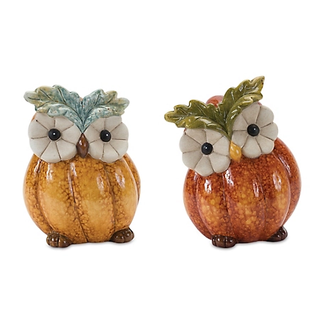 Melrose International Terra Cotta Pumpkin Owl Figurine (Set of 2)